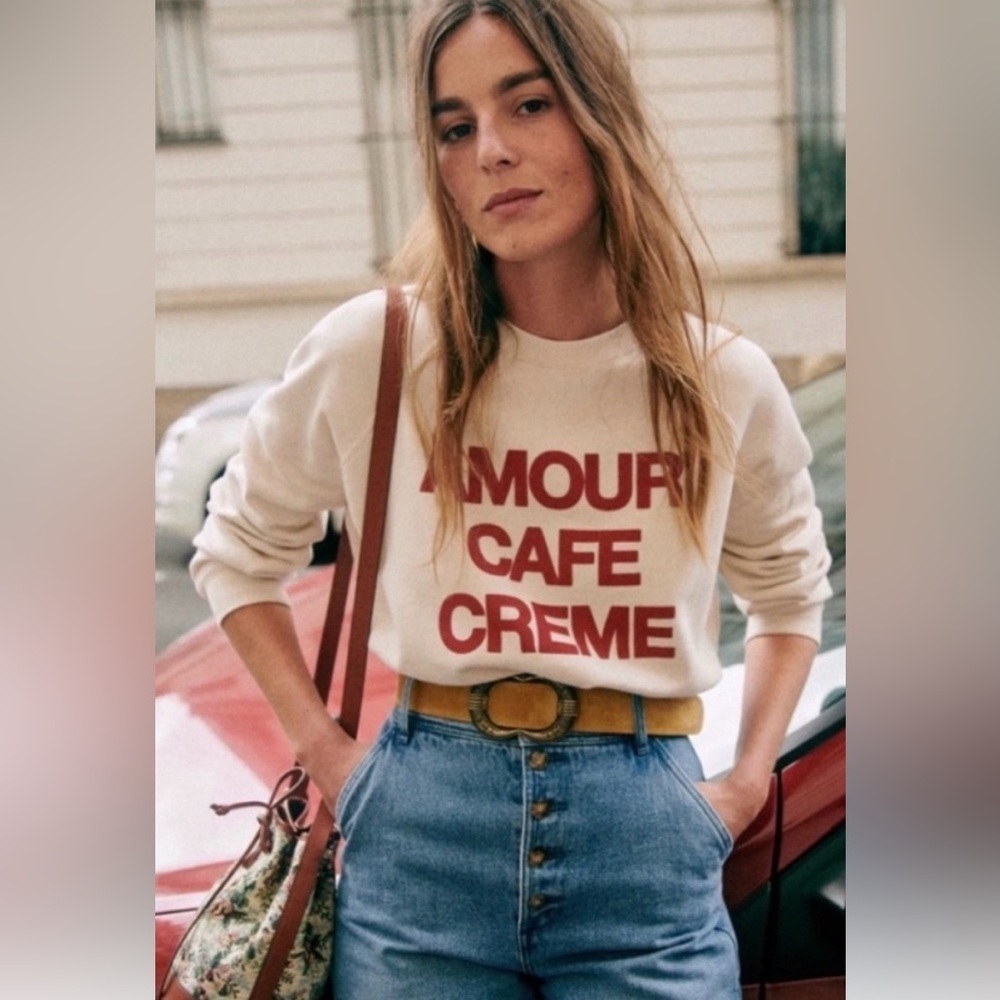 Sezane Amour Cafe Creme Sweatshirt Ivory Red Small